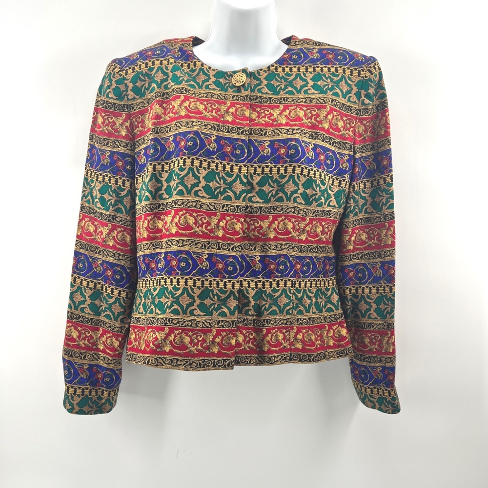 Talbots Blazer Sz 10 Multicolor Baroque Print Silk Vintage Boho Glam 90s Jacket